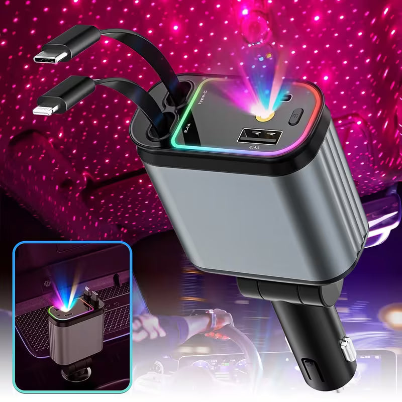 Cargador Retráctil Pro 4 en 1 con Proyector Láser Cielo Estrellado – Carga Rápida para Carro