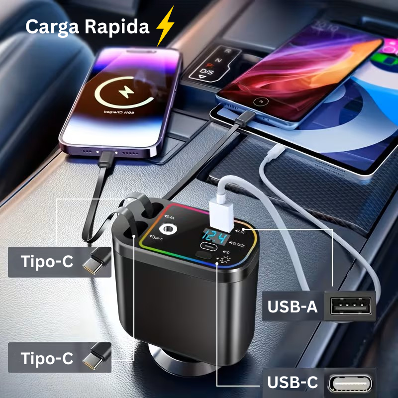 Cargador Retráctil Pro 4 en 1 con Proyector Láser Cielo Estrellado – Carga Rápida para Carro